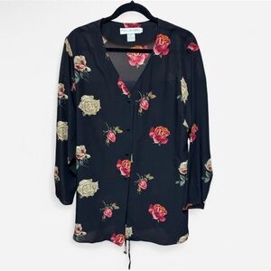 Vintage JH Collectibles Flowing Black Silk Blouse with Roses